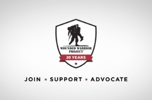 Brand logo for Wounded Warrior Project. Logo states 20 years of service and their brand statement "Join * Support * Advocate"